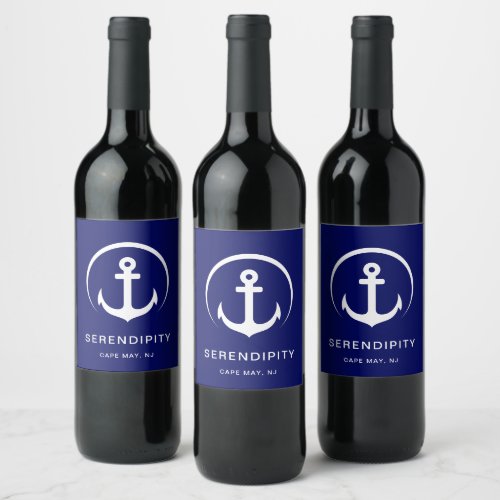 Modern Boat Anchor Navy Personalized Wine Label