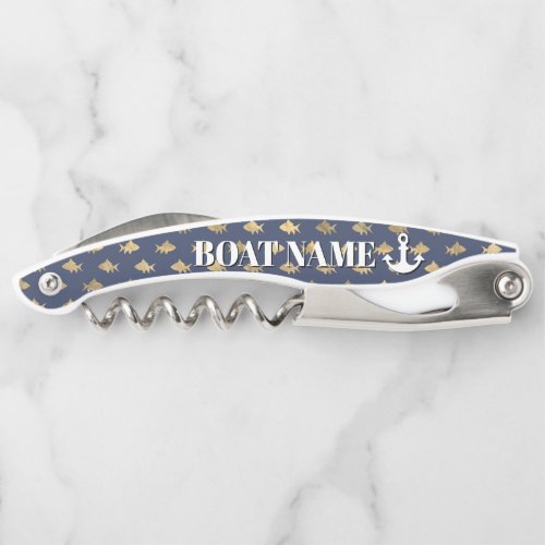 Modern Boat Name Anchor Blue Gold Fish Nautical Waiters Corkscrew