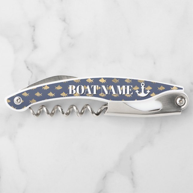 Modern Boat Name Anchor Blue Gold Fish Nautical Waiter's Corkscrew (Back)