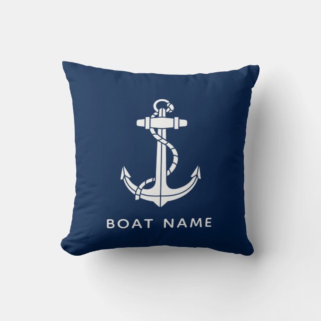 Modern Boat Name Anchor Custom Throw Pillow (Front)