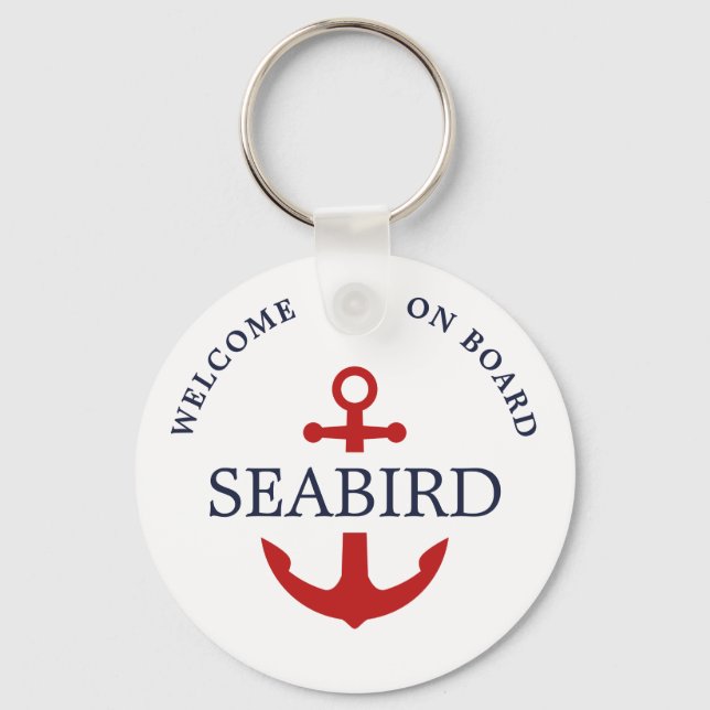 Modern Boat Name Anchor Red White Blue Nautical  Keychain (Front)