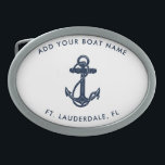 Modern Boat Name Navy Blue Anchor Custom Belt Buckle<br><div class="desc">Add your boat or captain's name and location by clicking the "Personalize" button. Set sail in style with our custom nautical-themed boating swag, the ultimate companion for your maritime adventures. This belt buckle boasts a cute design inspired by the ocean's wonders, featuring classic maritime motifs such as an anchor and...</div>