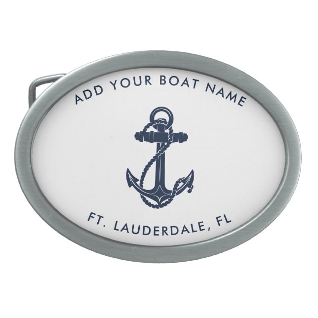 Modern Boat Name Navy Blue Anchor Custom Belt Buckle (Front)