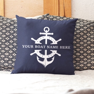 Modern Boat Name Ship’s Wheel Anchor Nautical Blue Throw Pillow