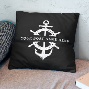Modern Boat Name Ship’s Wheel Anchor Nautical Throw Pillow