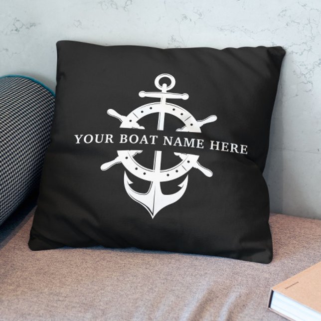 Modern Boat Name Ship’s Wheel Anchor Nautical  Throw Pillow (Creator Uploaded)