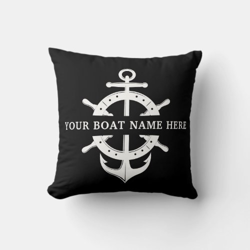 Modern Boat Name Shipâs Wheel Anchor Nautical  Throw Pillow