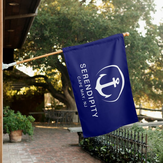 Modern Boat Nautical Anchor Navy Blue House Flag (In SItu)