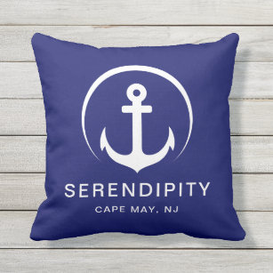 Modern Boat Nautical Anchor Navy Blue Outdoor Pillow
