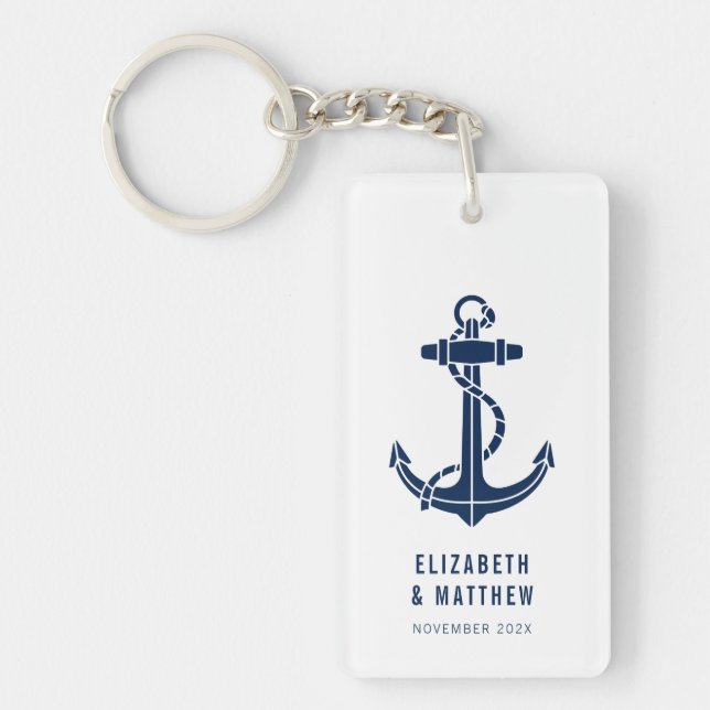 Modern Boat Navy Blue Anchor Beach Wedding Custom Keychain (Front)