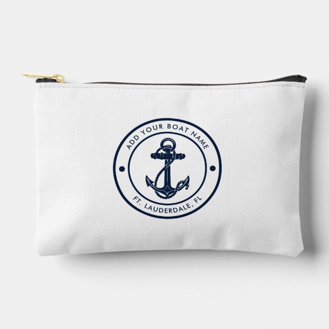 Modern Boating Anchor Boat Name Navy Blue Custom Accessory Pouch (Front)