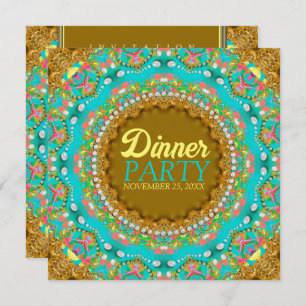 Modern Bohemian Aqua Gold Dinner Party Invitation
