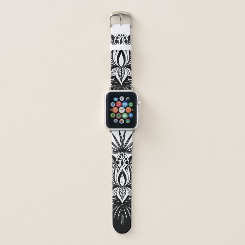 Modern Bohemian Black White Tropical Lotus Leaf Apple Watch Band