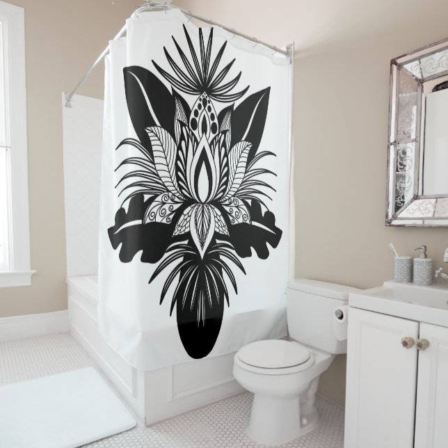 Modern Bohemian Black White Tropical Lotus Leaf Shower Curtain (In Situ)