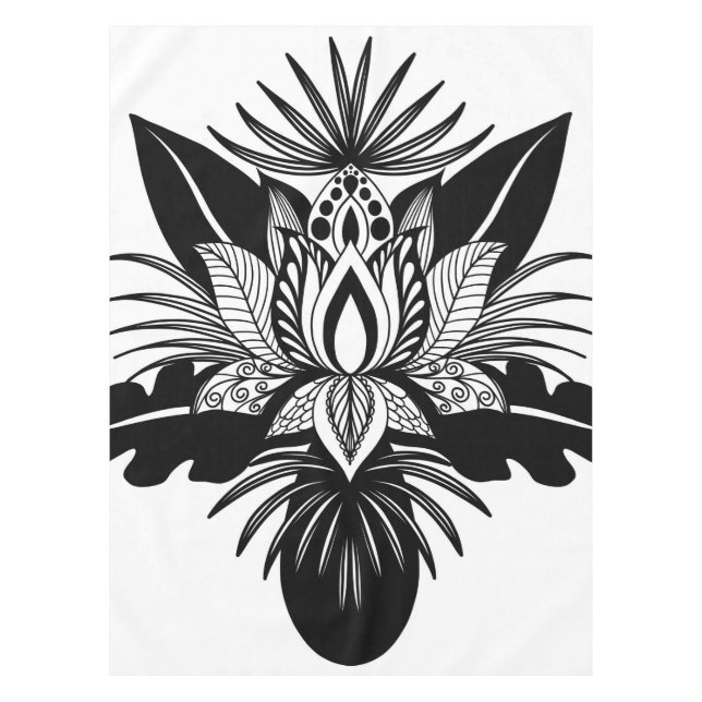 Modern Bohemian Black White Tropical Lotus Leaf Tablecloth (Front)