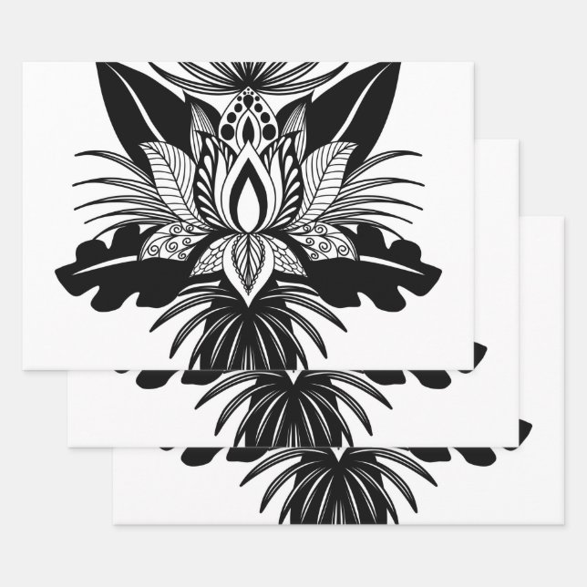Modern Bohemian Black White Tropical Lotus Leaf Wrapping Paper Sheets (Set)