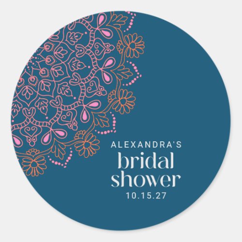 Modern Bohemian Blue Mandala Bridal Shower Custom Classic Round Sticker
