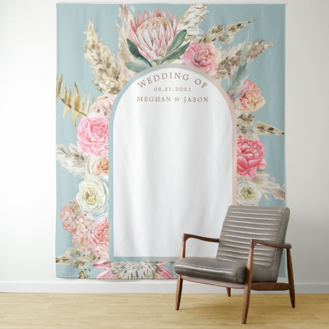 Modern Bohemian Blush Floral Wedding Wall Tapestry (In Situ)