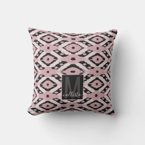 Modern Bohemian Blush Pink Black Ikat Monogram Throw Pillow