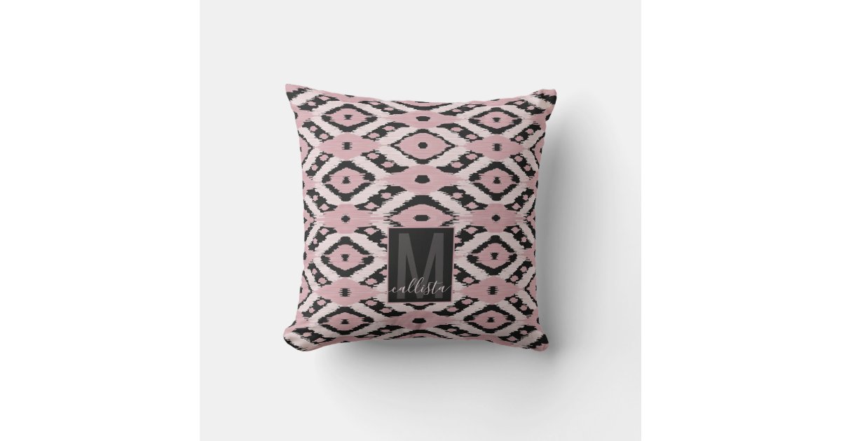 Bohemian Blush Pink Black Ikat Monogram Throw Pillow |