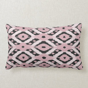 Modern Bohemian Blush Pink Black Ikat Pattern Lumbar Pillow