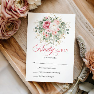Modern Bohemian Blush Roses Gold Wedding RSVP Card