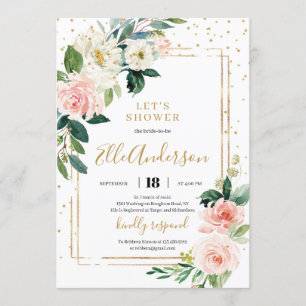 Modern bohemian boho blush pink floral gold invite