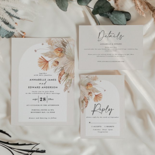 Modern bohemian botanical pampas grass wedding RSVP card (Creator Uploaded)