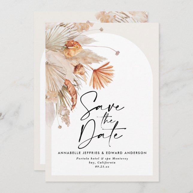 Modern bohemian botanical terracotta pampas grass  save the date (Front/Back)