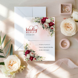 Modern Bohemian Dark Red Gold Floral Wedding RSVP Card