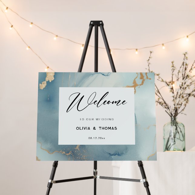 Modern Bohemian Dusty Blue Beach Wedding Welcome Foam Board (In Situ (Stand))