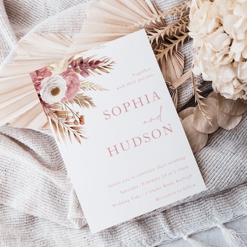 Modern Bohemian Dusty Rose Blush Floral Wedding Invitation