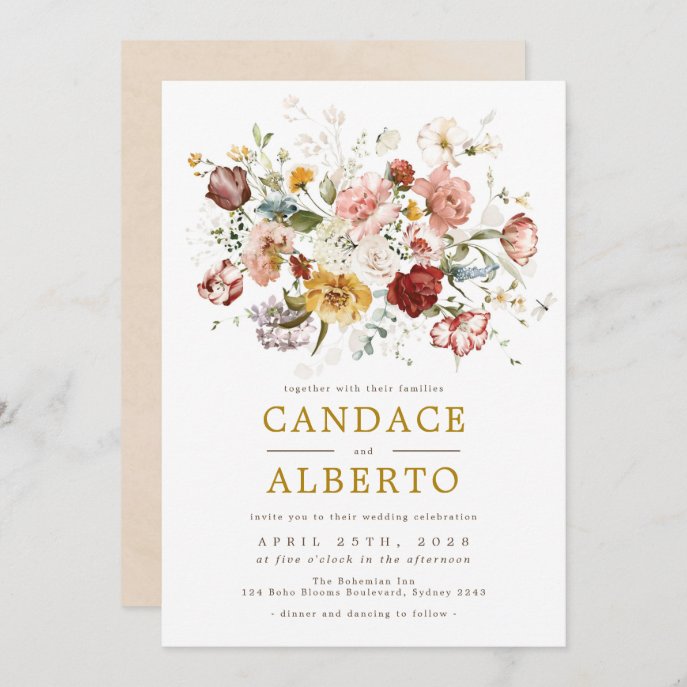 Modern Bohemian Floral Bouquet Wedding Invitation