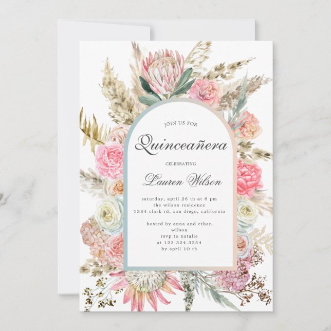 modern bohemian floral quinceanera photo card (Front)