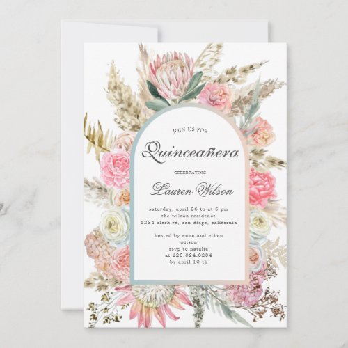 modern bohemian floral quinceanera photo card