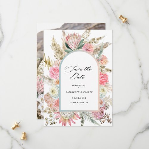 modern bohemian floral save the date card