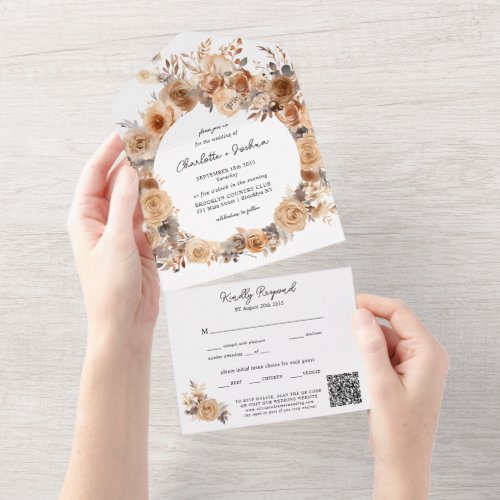 Modern Bohemian Floral Terracotta QR Code Wedding All In One Invitation