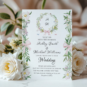Modern Bohemian Monogram Watercolor Floral Wedding Invitation