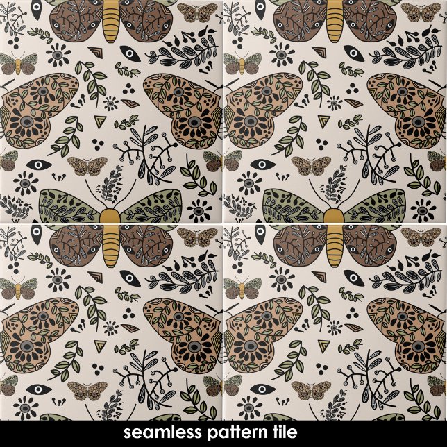 Modern Bohemian Moth Abstract Seamless Pattern Ceramic Tile (Modern Bohemian Moth Abstract Seamless Pattern Ceramic Tile)