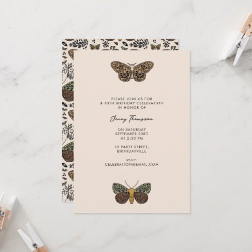 Modern Bohemian Moth Wildflowers Abstract Birthday Invitation