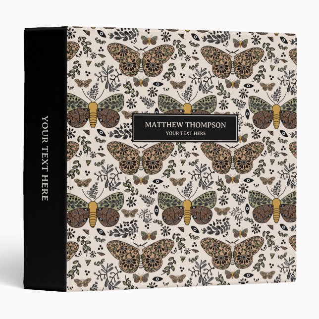 Modern Bohemian Moth Wildflowers Abstract Pattern 3 Ring Binder (Front/Spine)