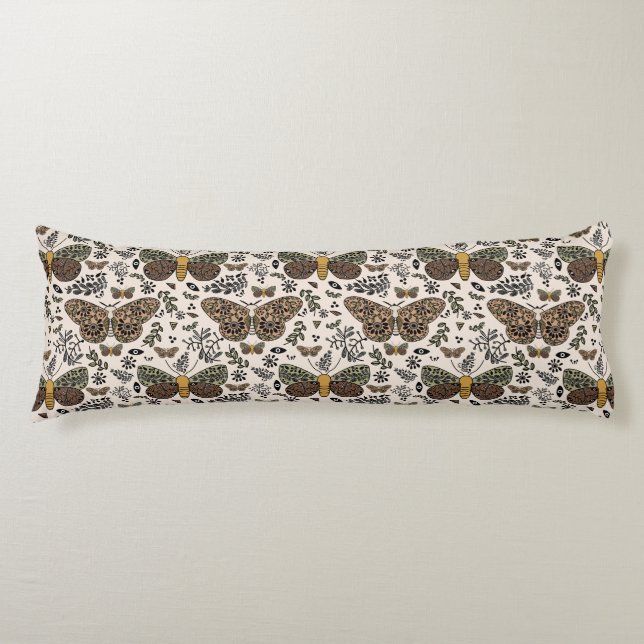 Modern Bohemian Moth Wildflowers Abstract Pattern Body Pillow (Front)