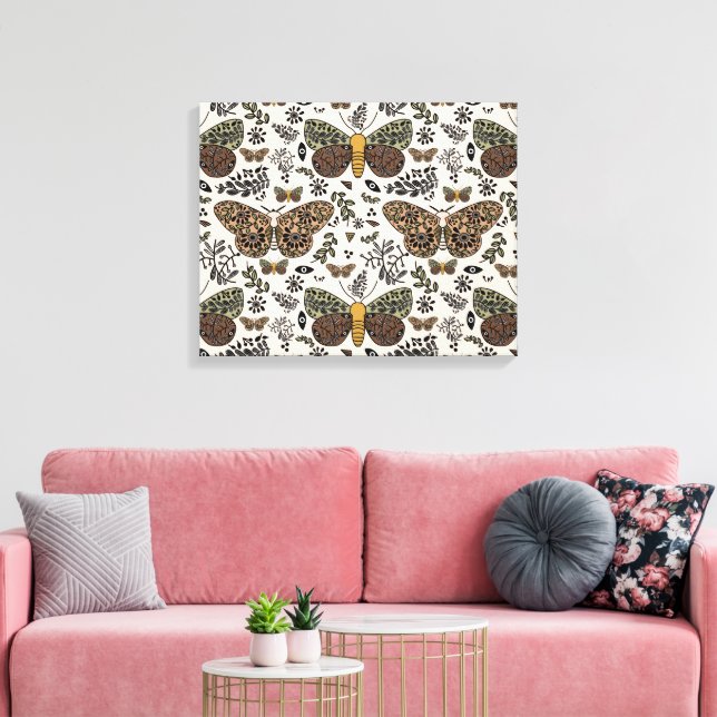 Modern Bohemian Moth Wildflowers Abstract Pattern Canvas Print (Insitu(LivingRoom))