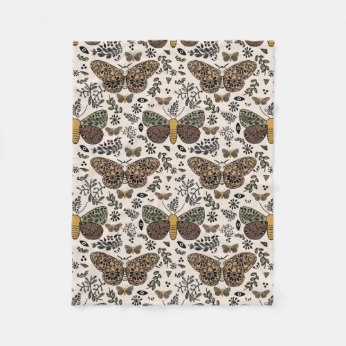 Modern Bohemian Moth Wildflowers Abstract Pattern Fleece Blanket