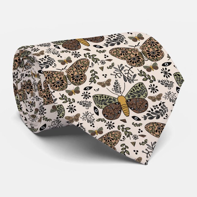 Modern Bohemian Moth Wildflowers Abstract Pattern Neck Tie (Rolled)