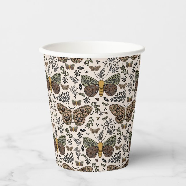 Modern Bohemian Moth Wildflowers Abstract Pattern Paper Cups (Front)