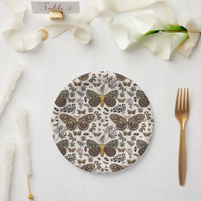 Modern Bohemian Moth Wildflowers Abstract Pattern Paper Plates (Wedding)
