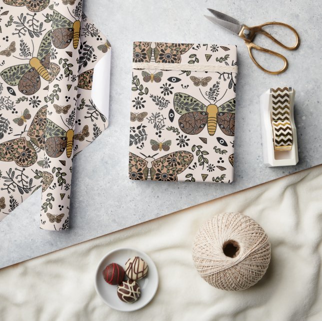 Modern Bohemian Moth Wildflowers Abstract Pattern Wrapping Paper (Crafts)