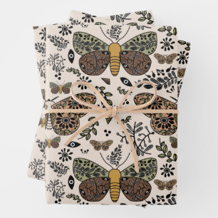Modern Bohemian Moth Wildflowers Abstract Pattern Wrapping Paper Sheets