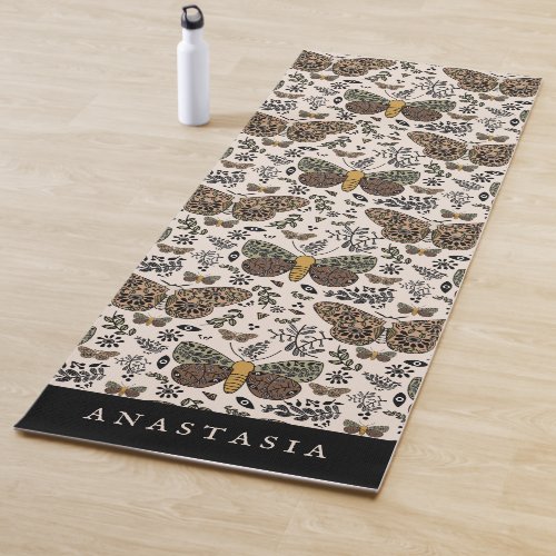 Modern Bohemian Moth Wildflowers Abstract Pattern Yoga Mat